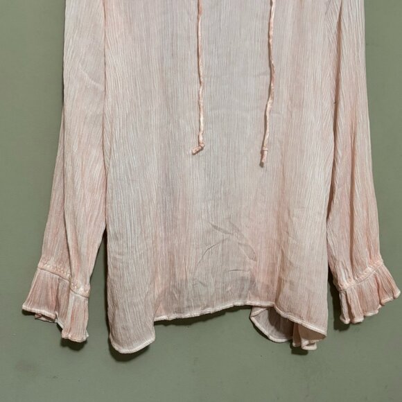 Wonderly Pink Peony Ruffle Neck Tie Front Blouse – Long Sleeve Boho Peasant Top - Picture 3 of 5